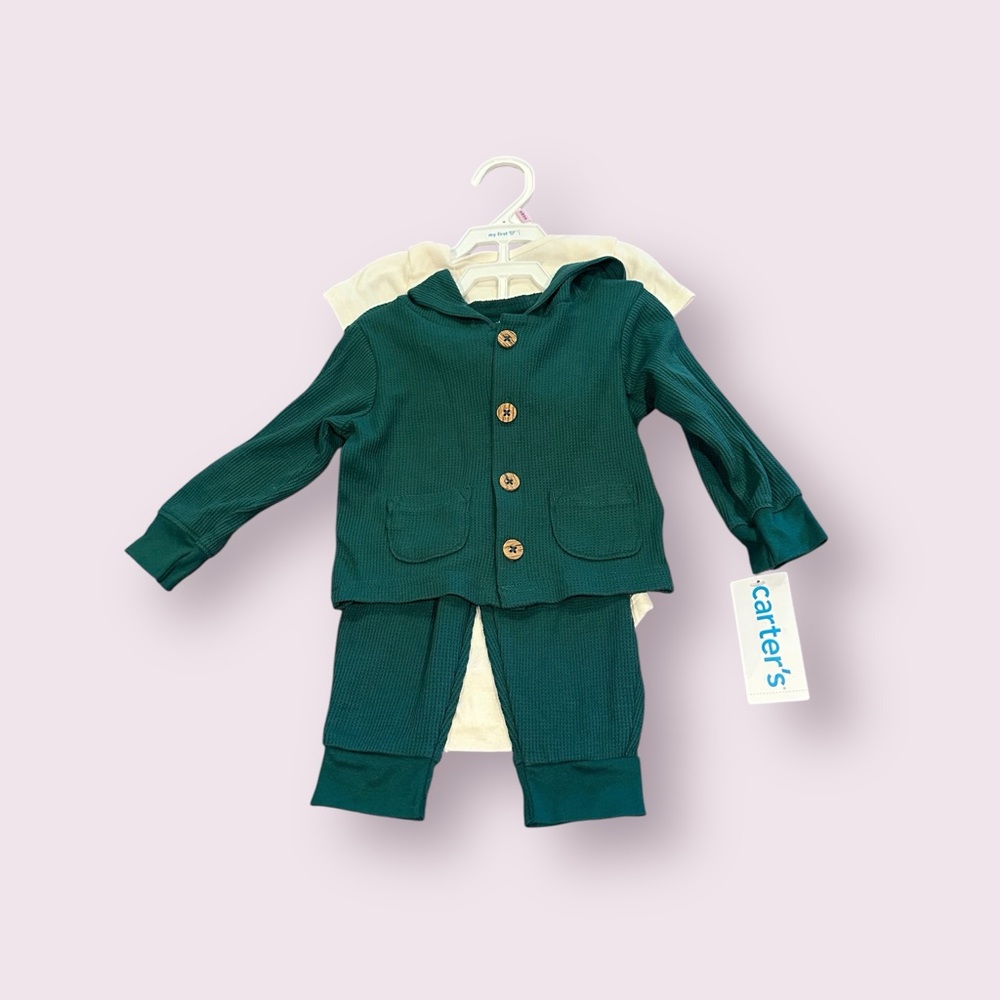 NWT Carter's Baby Forest Green Waffle Knit Hooded Wilderness Baby Set Sz 9 Mon
